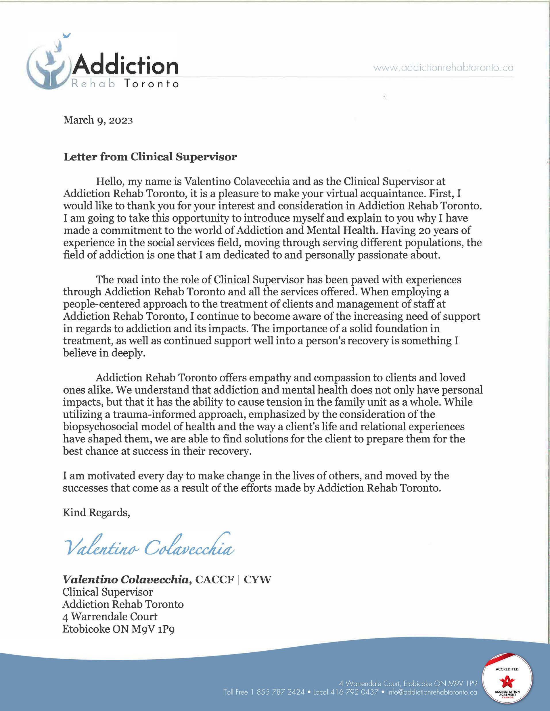 Letter from Clinical Supervisor - Addiction Rehab Toronto