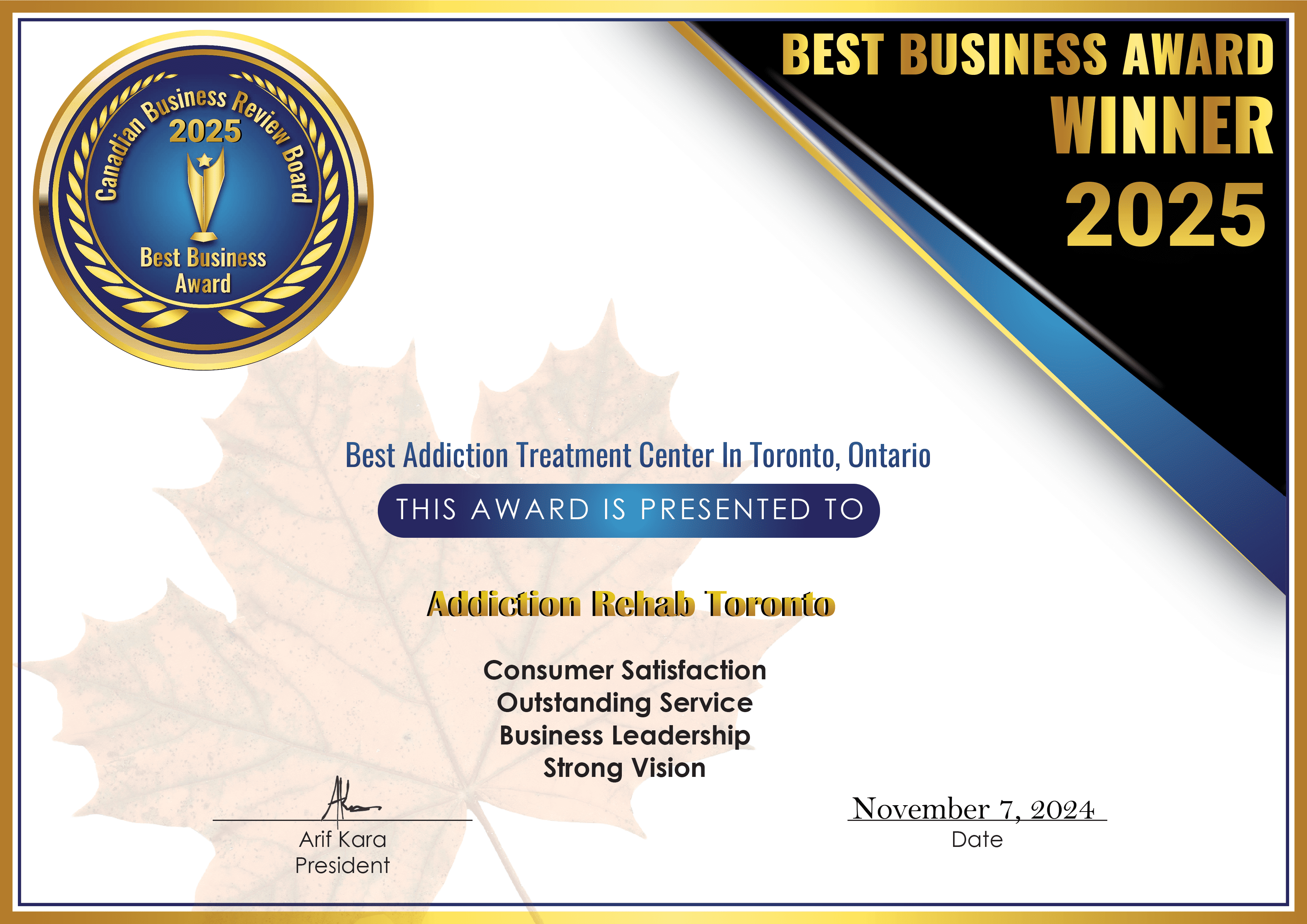 2025 CBRB Inc. Addiction Rehab Toronto Award Certificate