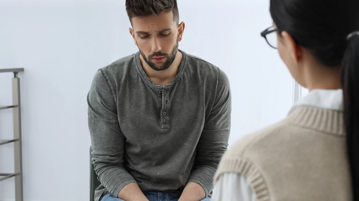 Psychotherapist working with drug addicted man indoors