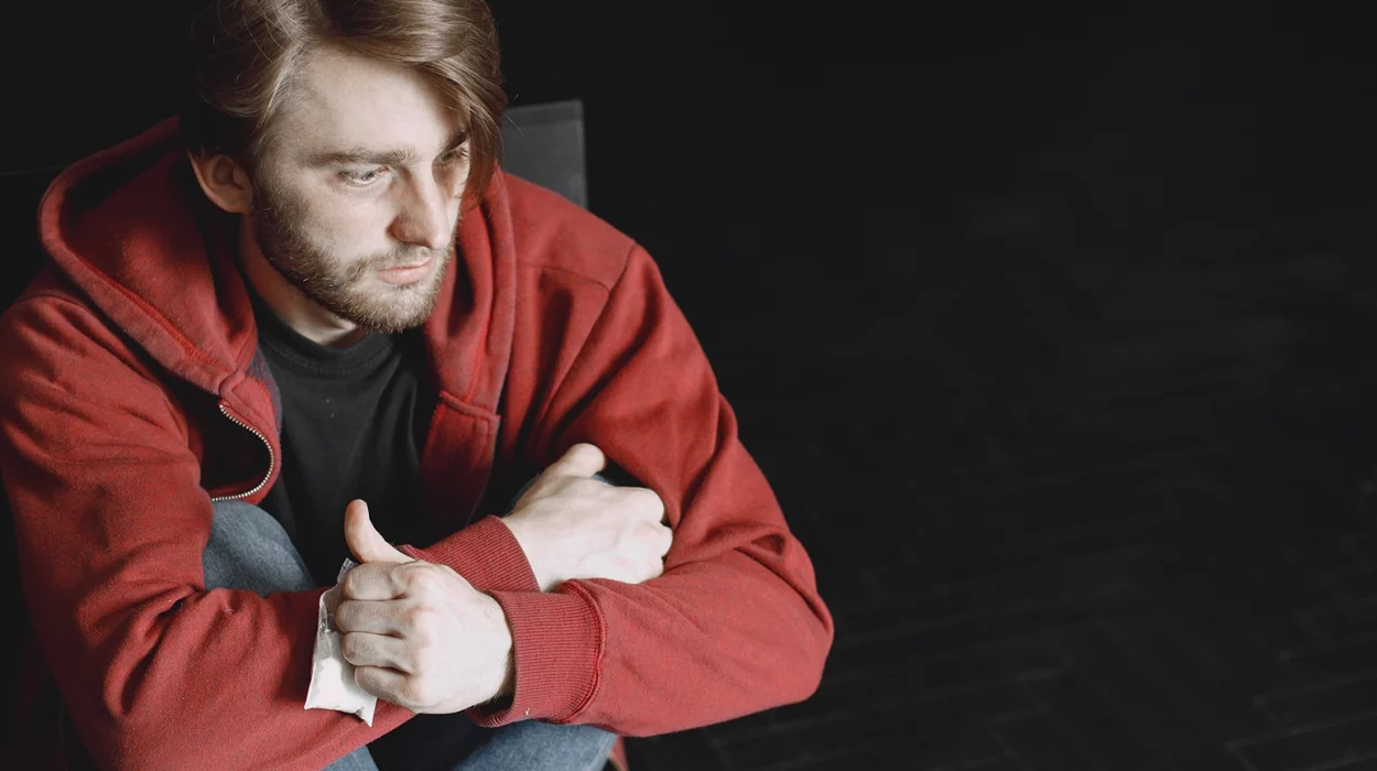 Young addicted man with cocaine packet sitting alone