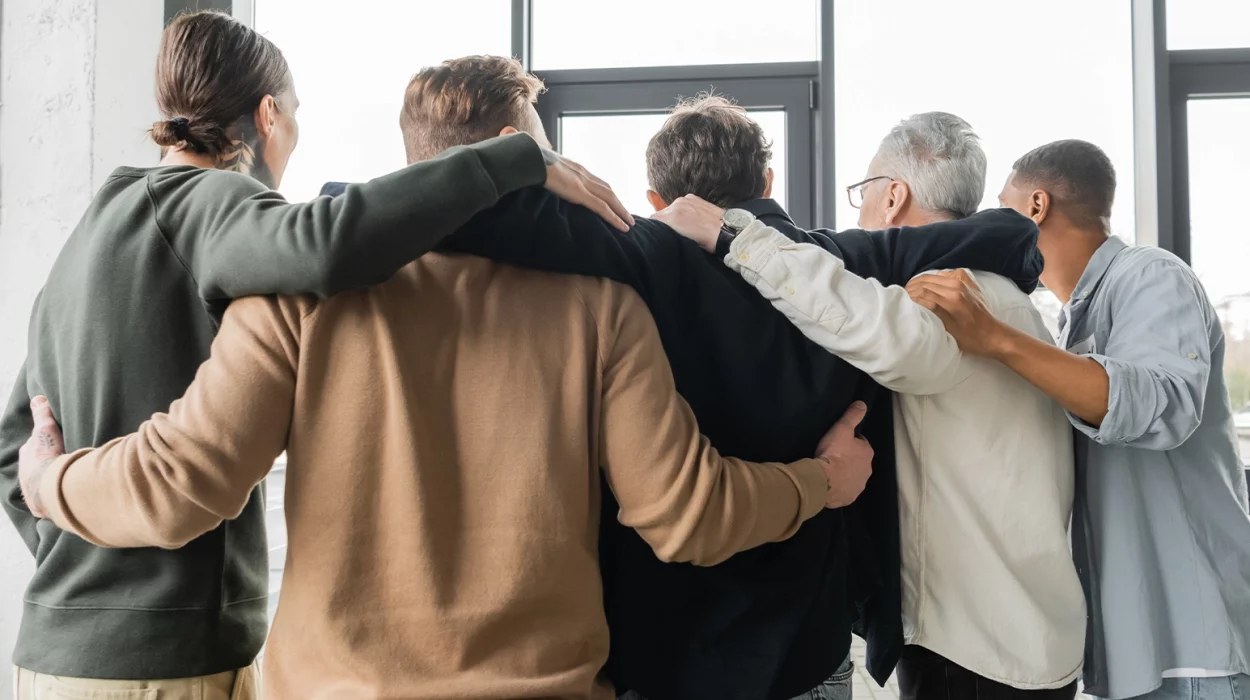 back view of multiethnic people with drug addiction hugging during therapy in rehab center