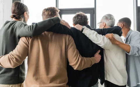 back view of multiethnic people with drug addiction hugging during therapy in rehab center