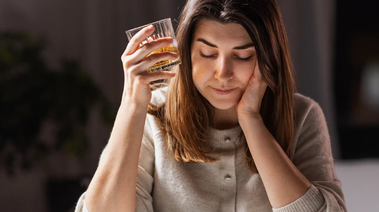 female alcoholic drinking whiskey at home