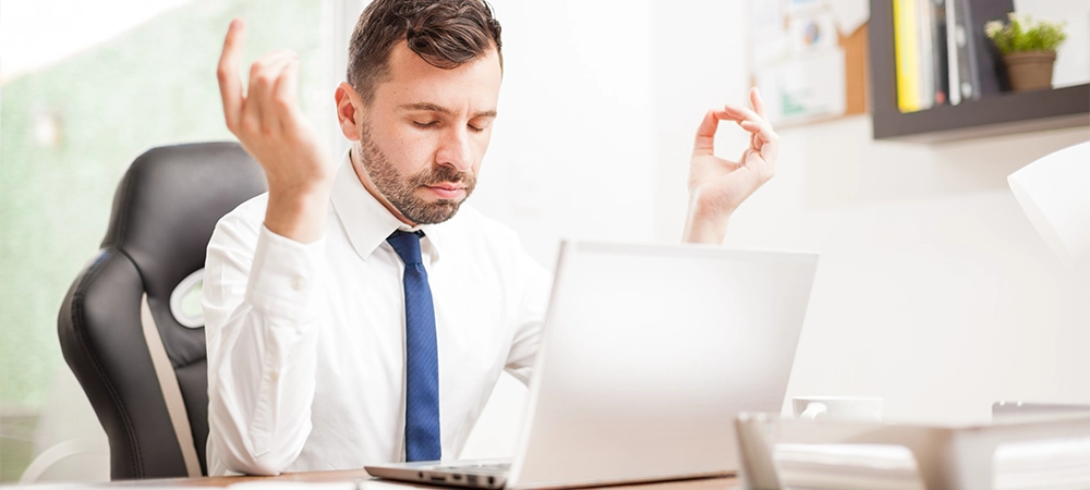 office man inhale and hold breath for relax