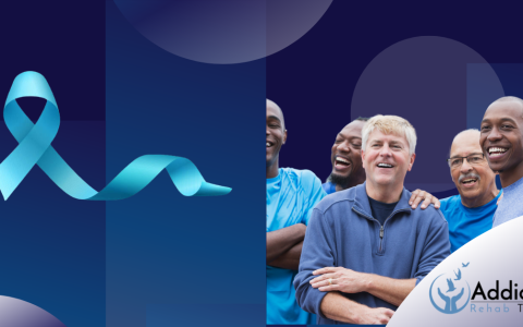 Group of men standing together with supportive gestures, blue ribbon symbol, and text reading "June is National Men's Health Awareness Month" with Addiction Rehab Toronto logo.